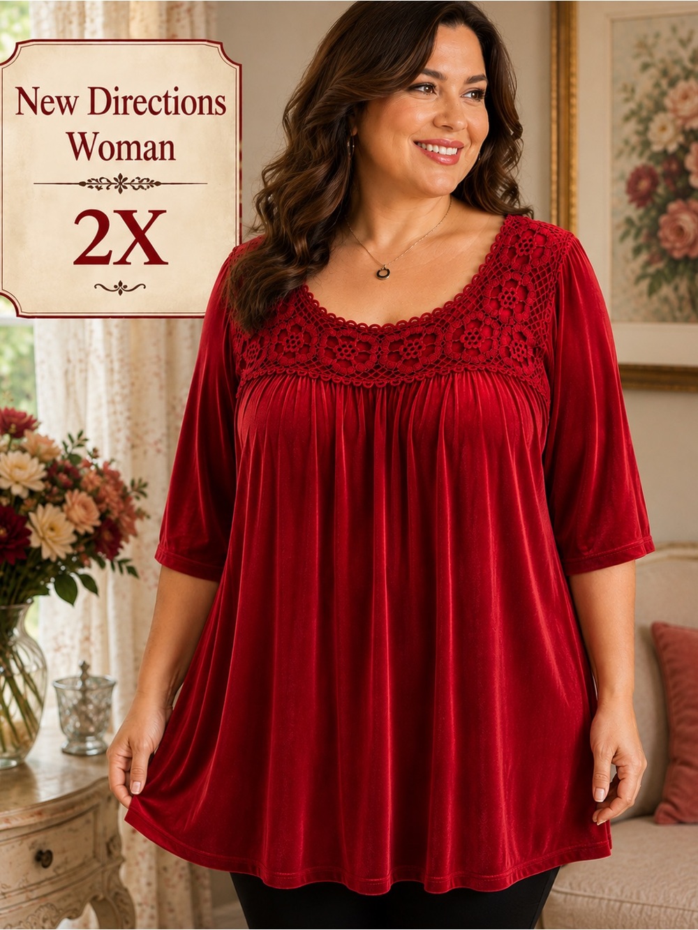 New Directions Woman 2X Red Knit Tunic Top Floral Crochet Plus Size